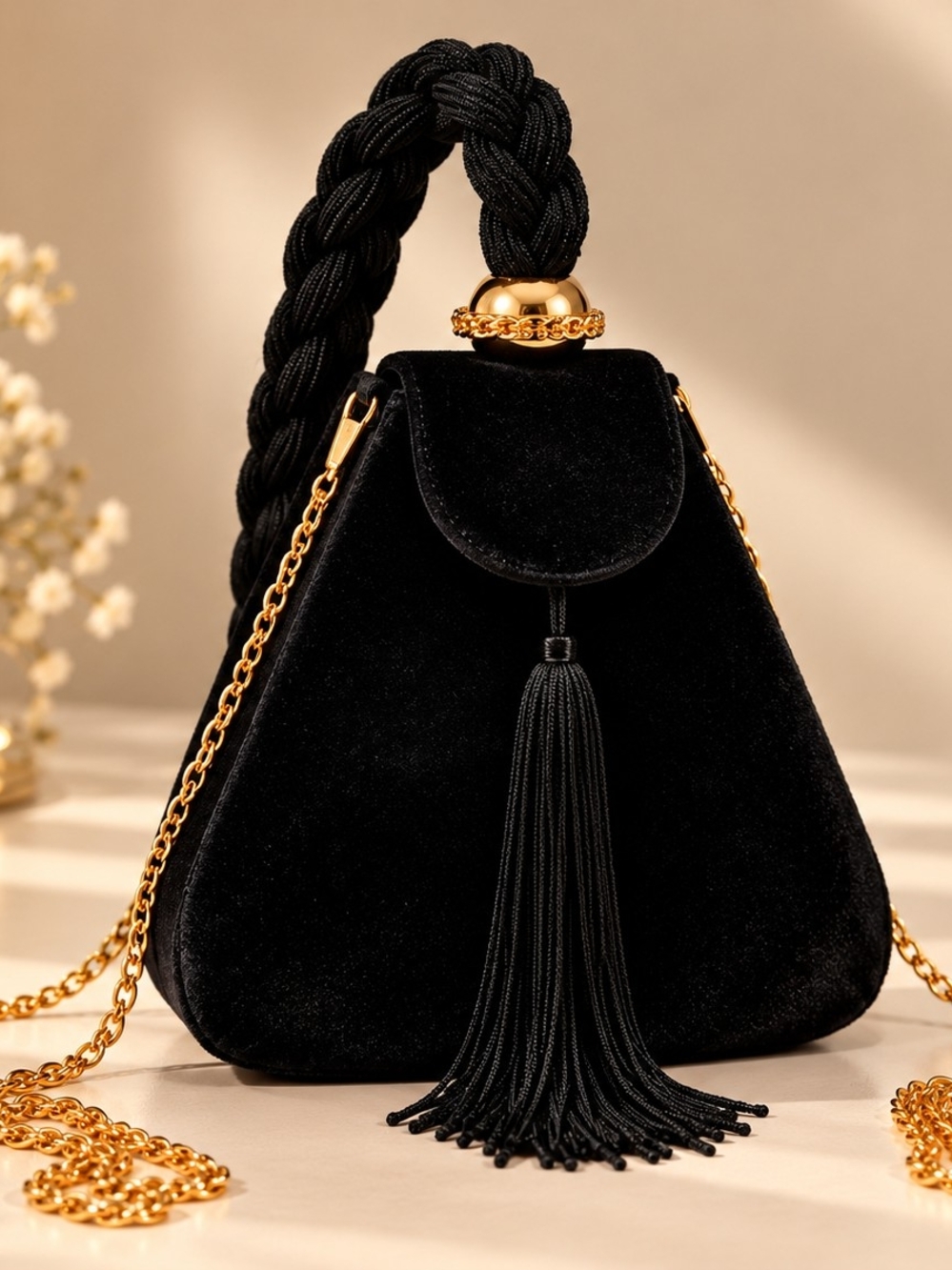 Vintage Elegant Black Velvet Evening Bag with Gold Chain